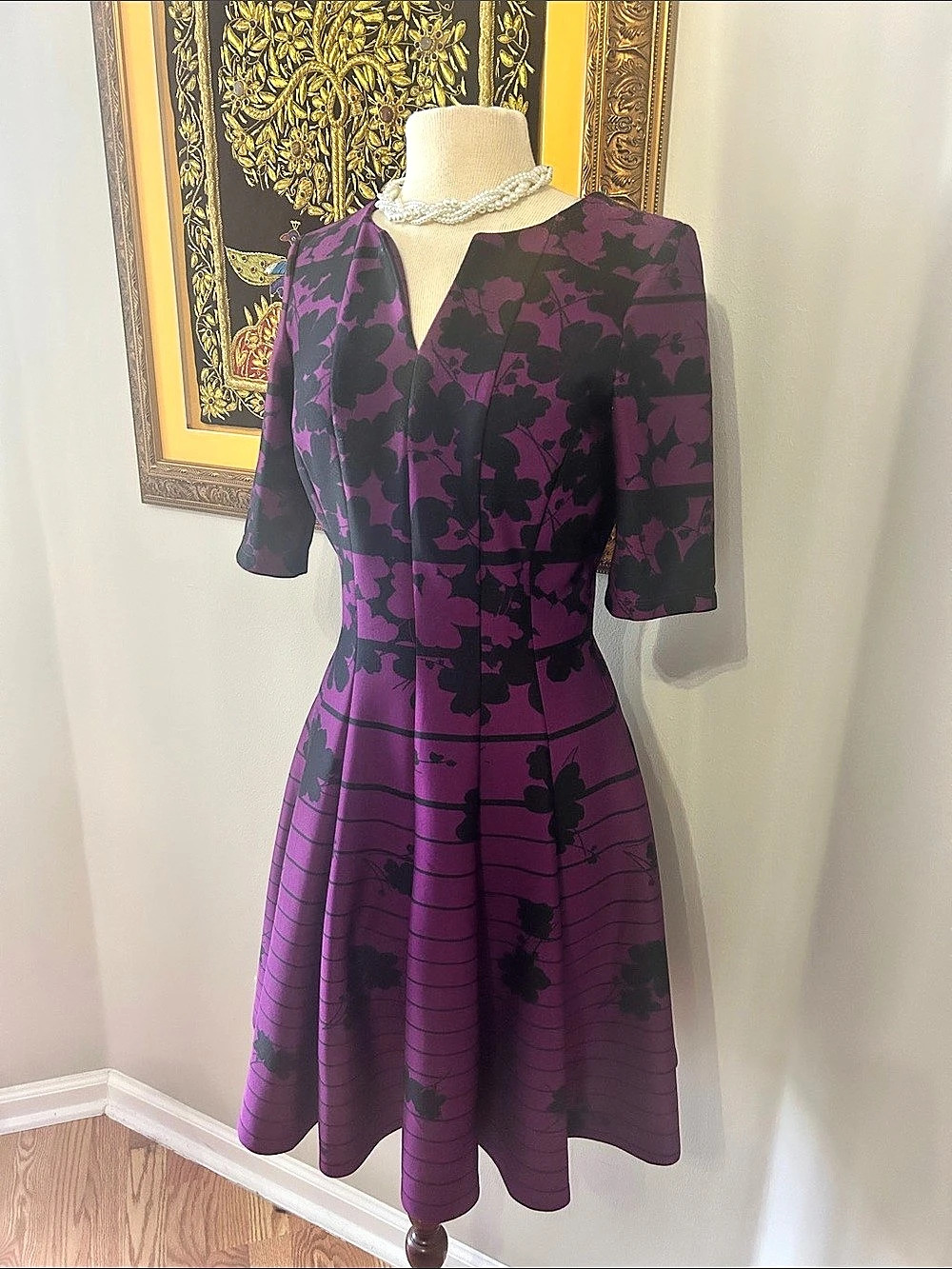 JULIAN TAYLOR Floral Midi Dress Purple & Black Size 10 Like New